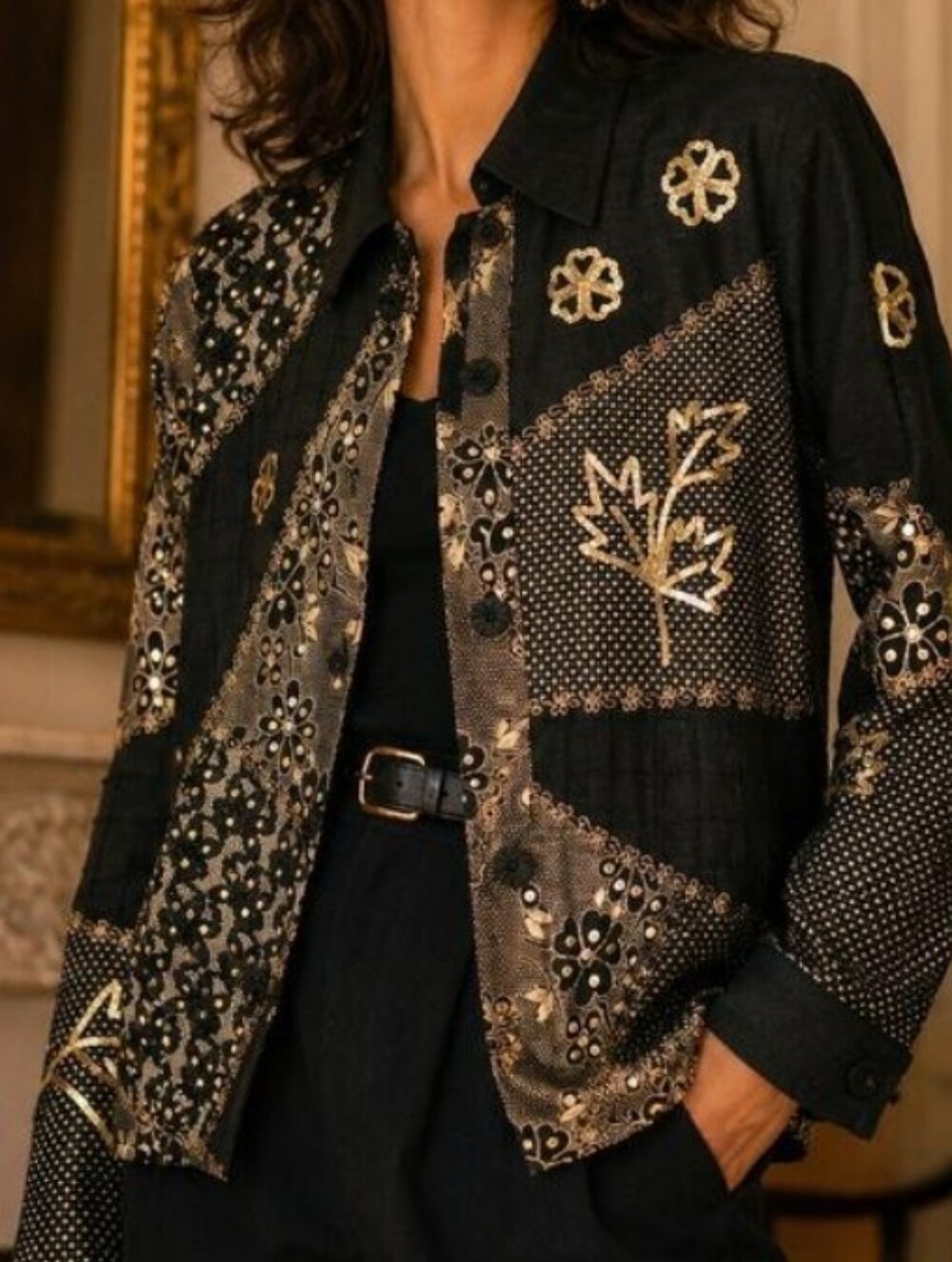 Embroidered Patchwork Blazer in Indigo Black by Indigo Moon Size 3X